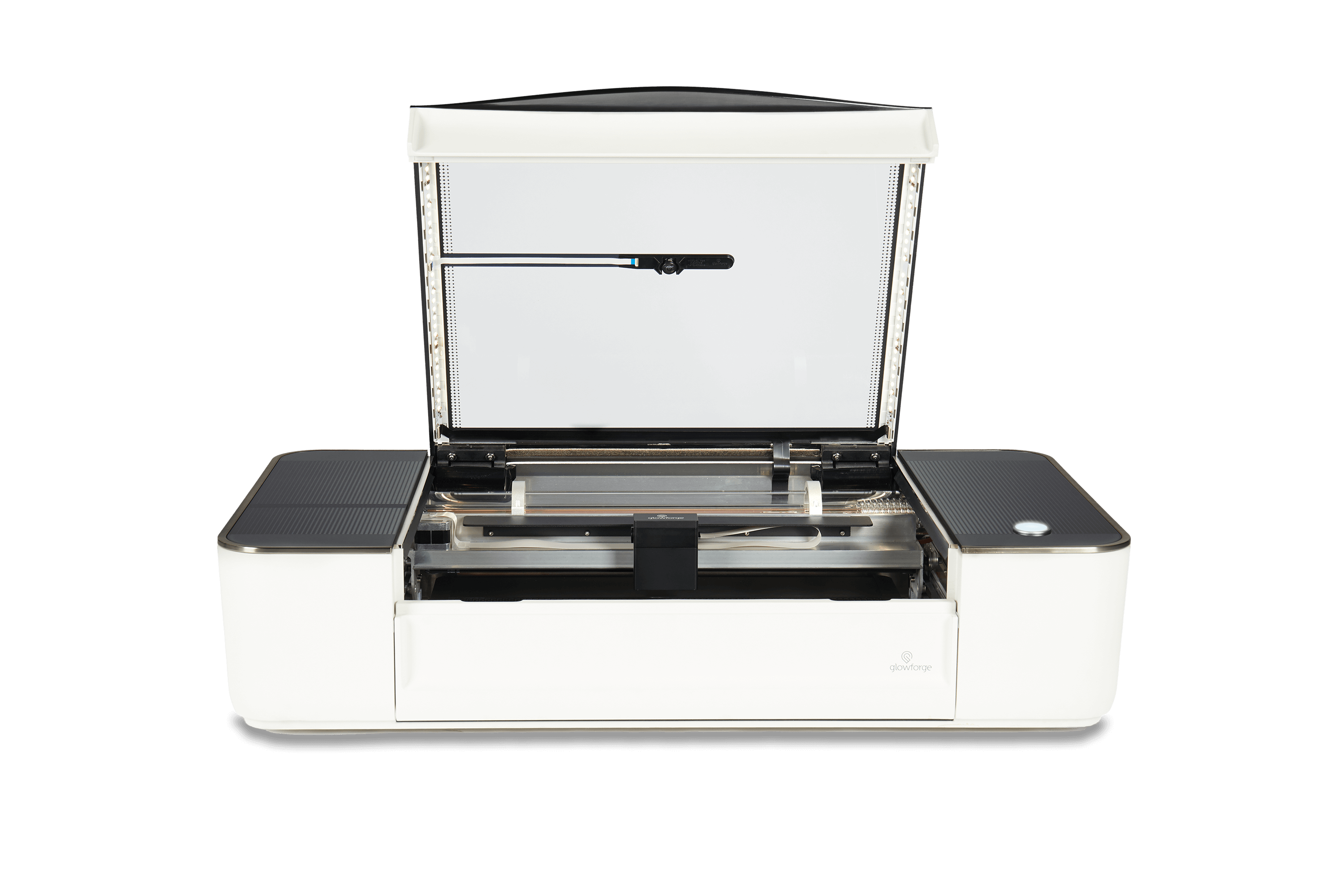 Glowforge Plus open showing laser engraving bed and upgraded components for fast, high-quality projects.
