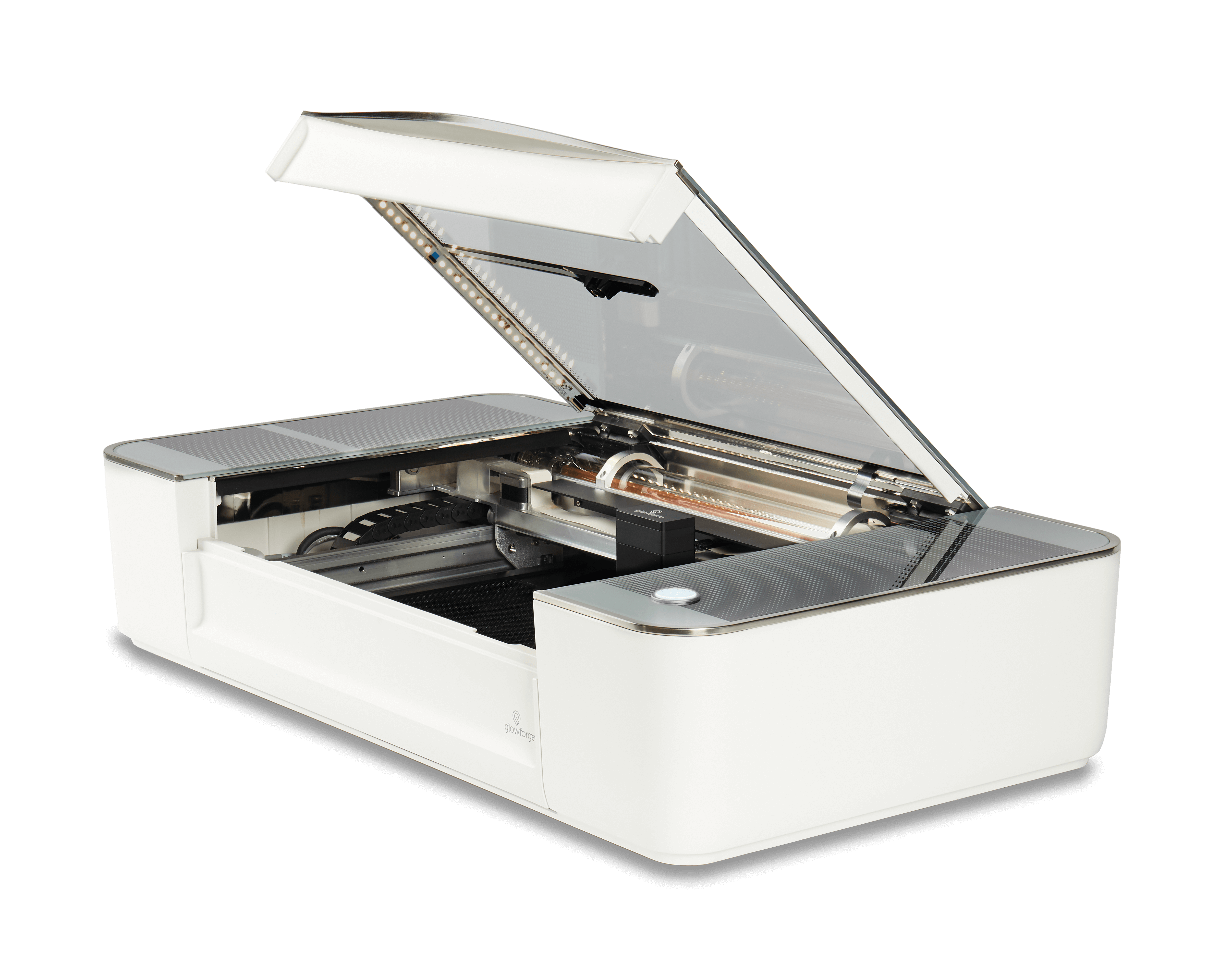 Glowforge Plus 3D laser printer with lid open, showcasing its advanced engraving features and sleek design.