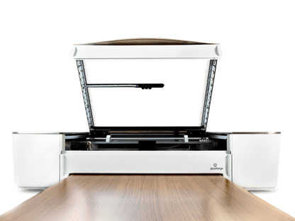 Glowforge Pro laser cutter with open lid showcasing the workspace for large projects.