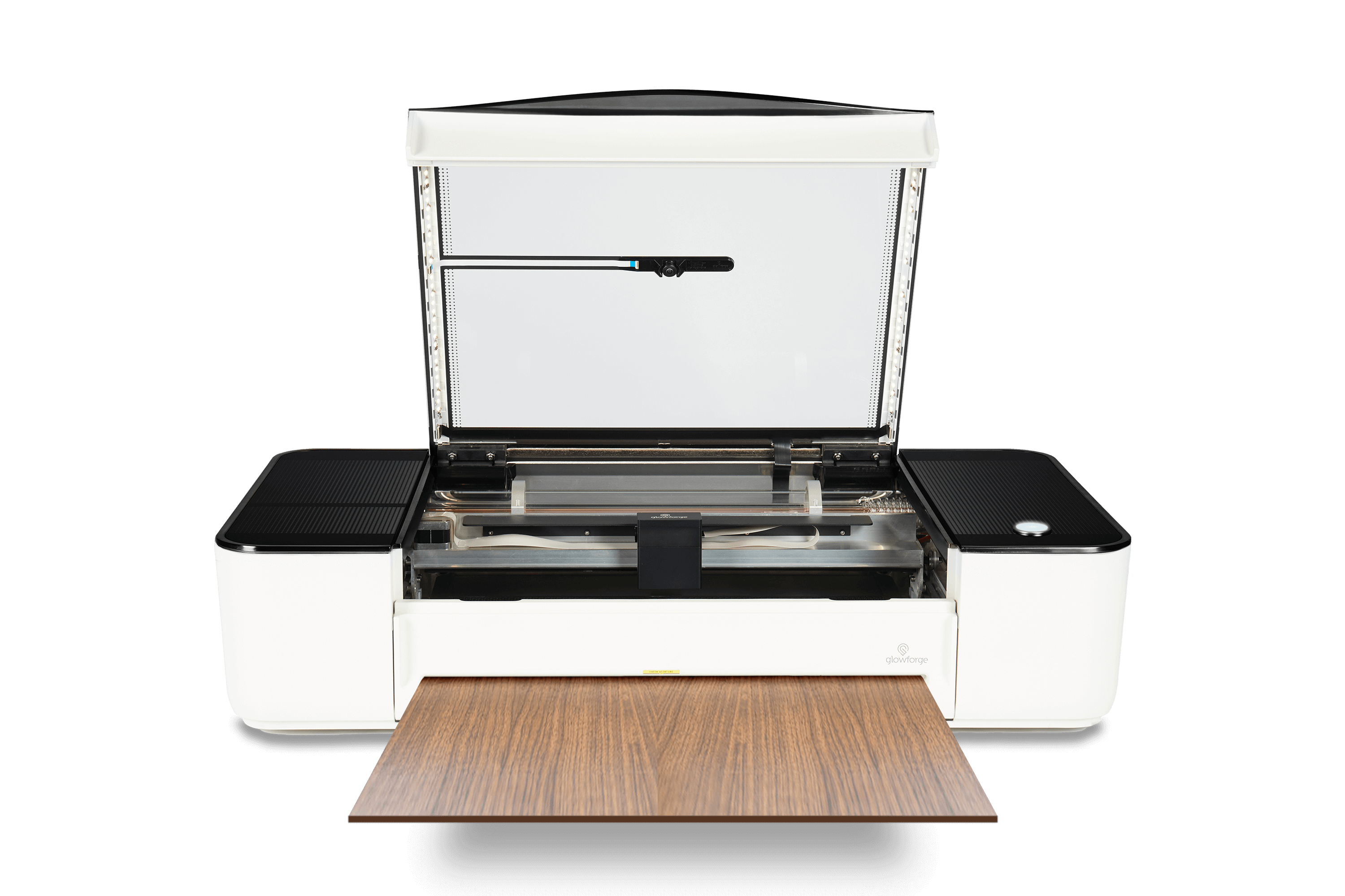 Glowforge Pro laser printer with open lid and wood material, ideal for large-scale projects and nonstop printing.