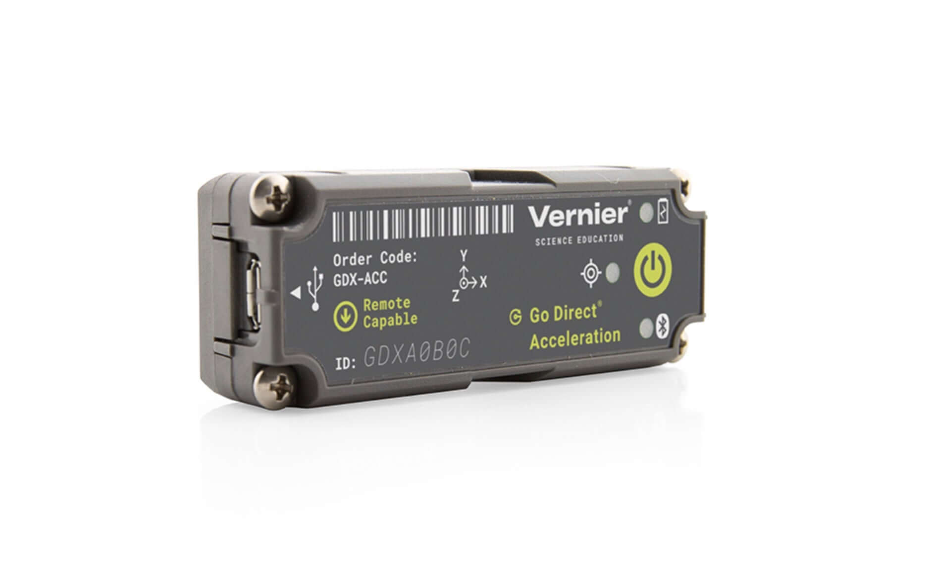 Go Direct Acceleration Sensor with remote capability, featured in a sleek design for measuring 3D motion and impacts.