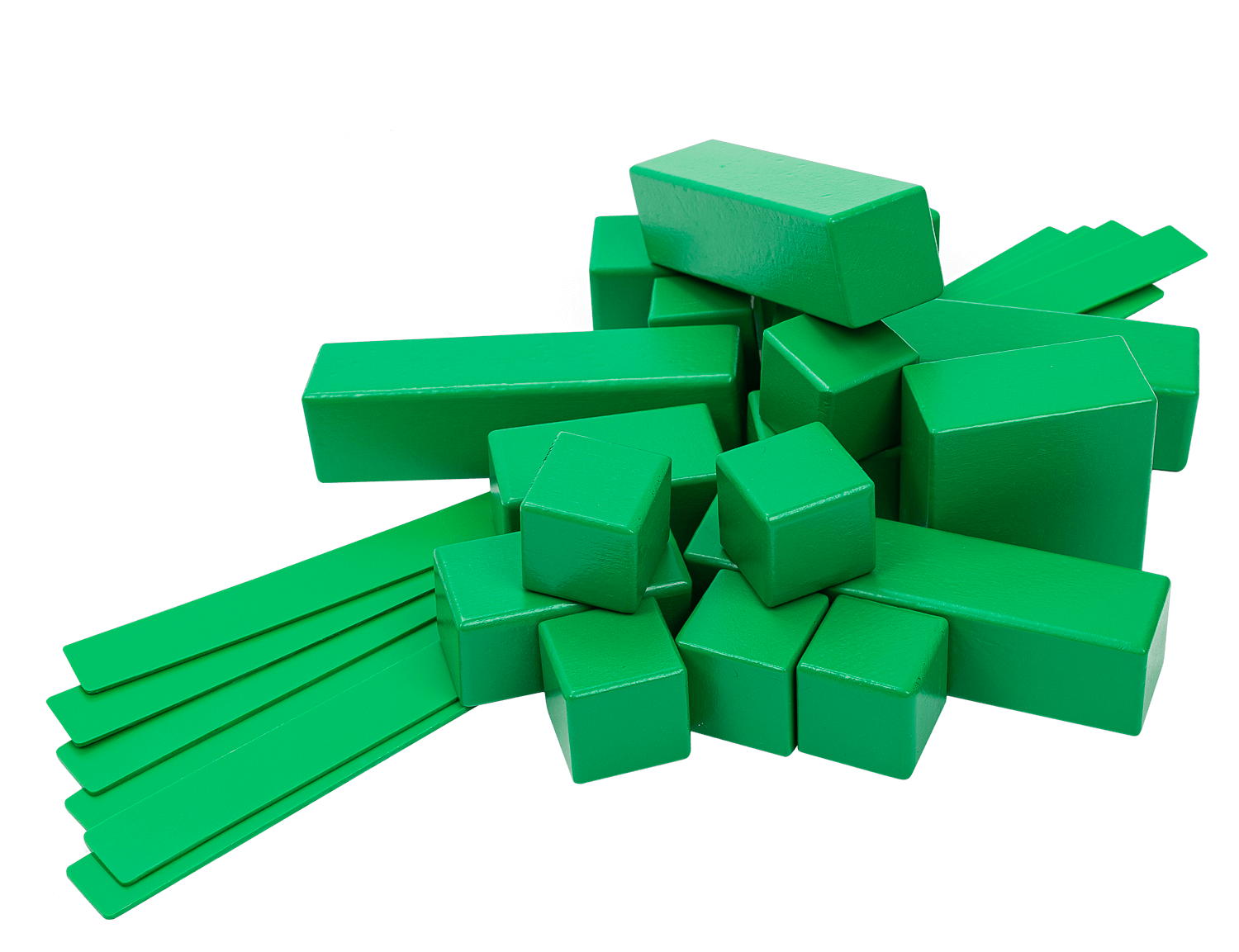 Assorted green educational blocks ideal for creative play, role-playing games, and developing digital literacy skills.
