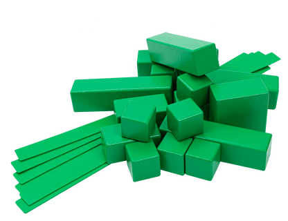 Assorted green educational blocks ideal for creative play, role-playing games, and developing digital literacy skills.