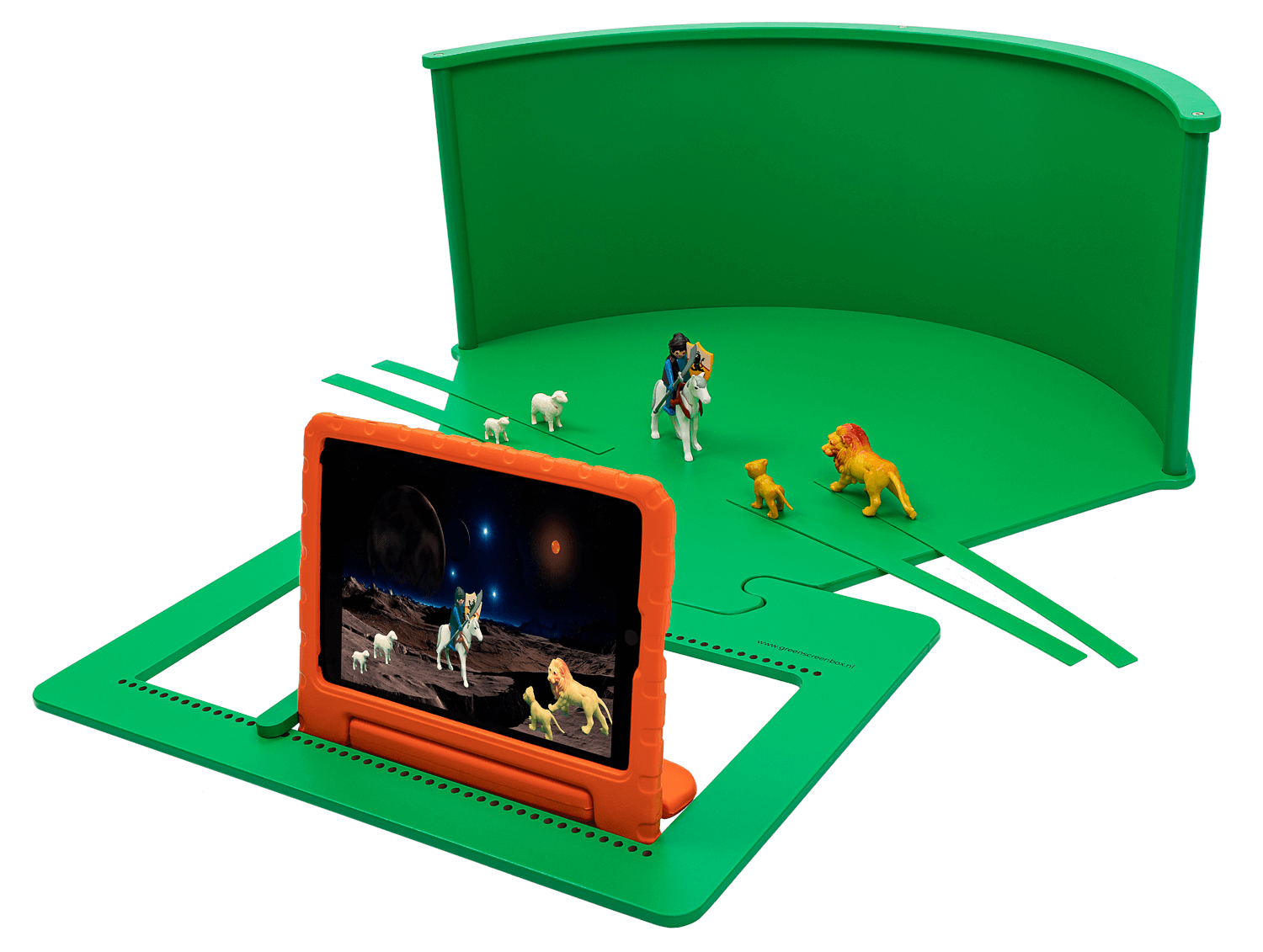 Greenscreenbox tabletop setup with children toys for imaginative role-play and creative digital storytelling.