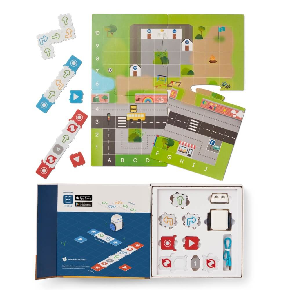 KUBO Coding Starter Set with coding tiles, lesson plans, and colorful grid maps for hands-on coding activities.