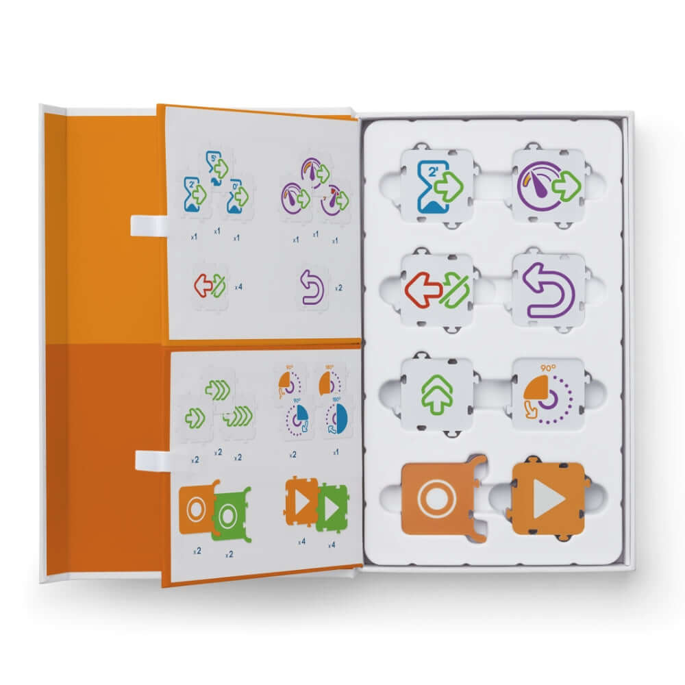 KUBO Coding+ TagTile® Set open box displaying coding tiles for education, enhancing children's coding skills.