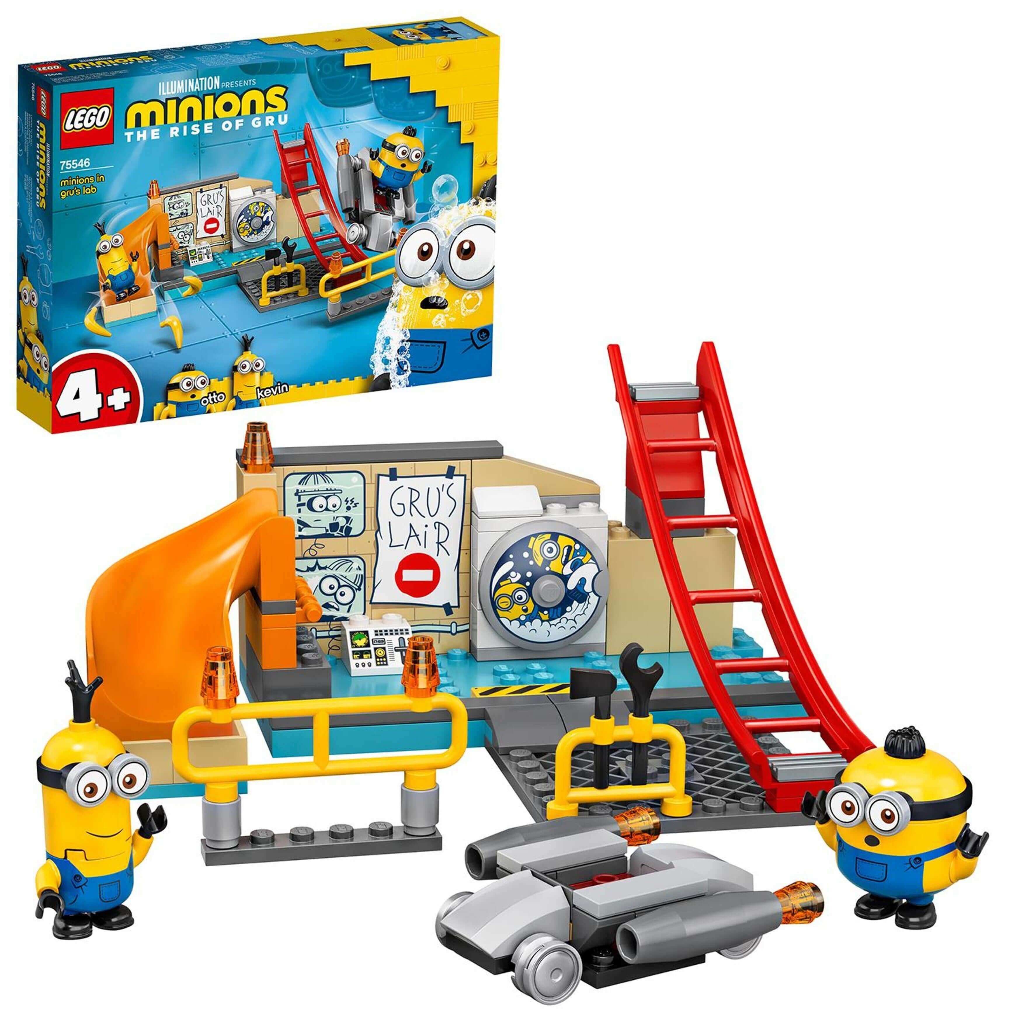 LEGO 4+ Minions in Gru’s Lab set 75546 featuring Kevin and Otto figures, slide, and lab accessories for creative play.