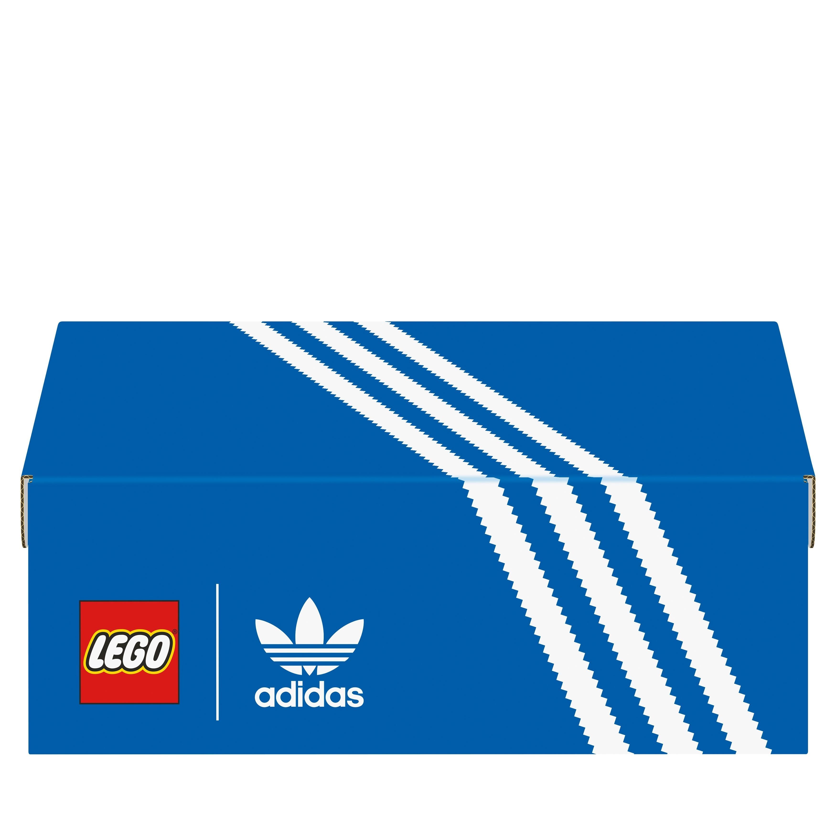 LEGO adidas Originals Superstar set box featuring iconic blue design and three stripes, perfect for collectors.