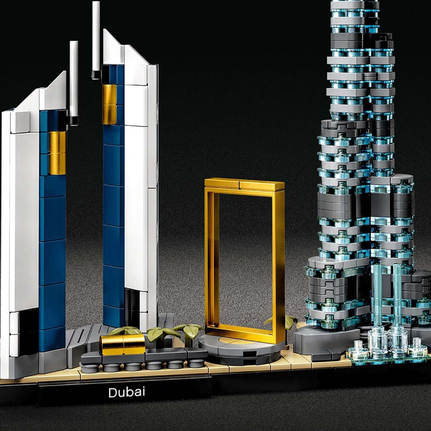 Detailed LEGO® model of Dubai skyline featuring iconic landmarks and architectural designs.