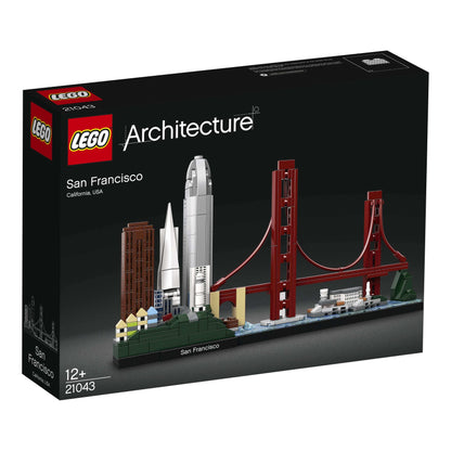 LEGO Architecture San Francisco Set 21043 box showcasing iconic landmarks like the Golden Gate Bridge and buildings.