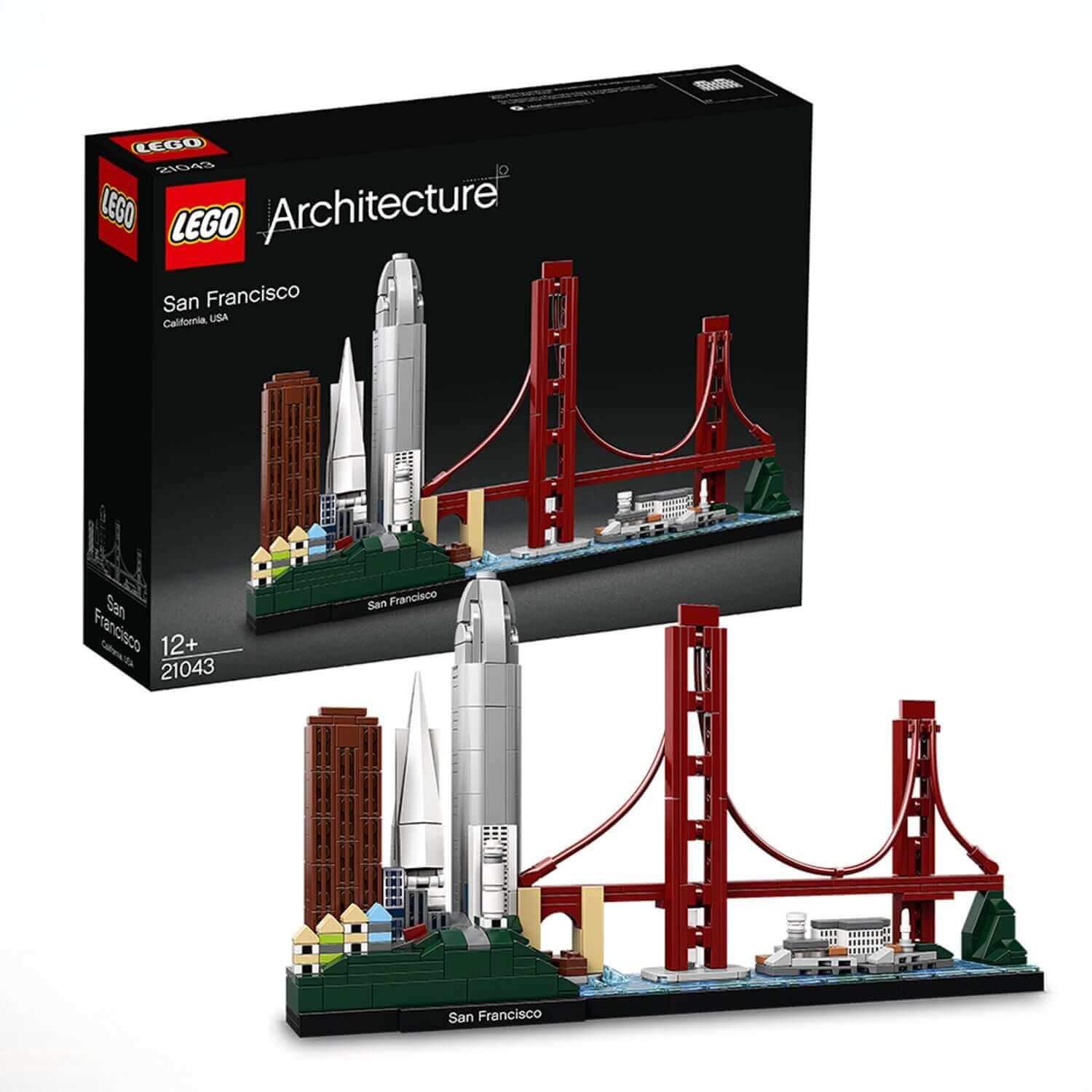 LEGO Architecture San Francisco Set 21043 featuring iconic skyline and Golden Gate Bridge model.