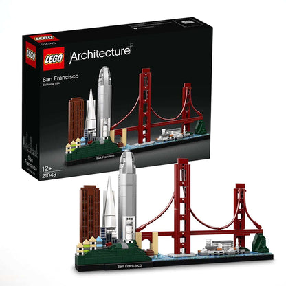 LEGO Architecture San Francisco Set 21043 featuring iconic skyline and Golden Gate Bridge model.