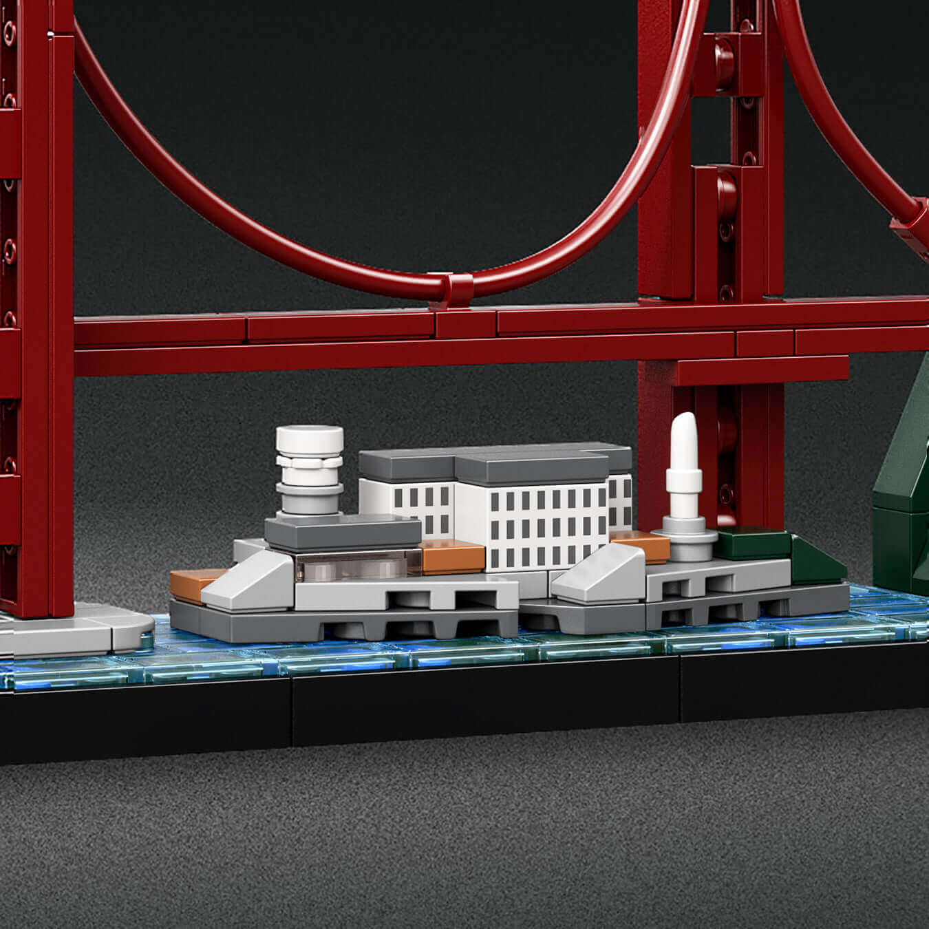 Detailed view of the LEGO® Architecture San Francisco Set 21043 showcasing the iconic Golden Gate Bridge and cityscape.