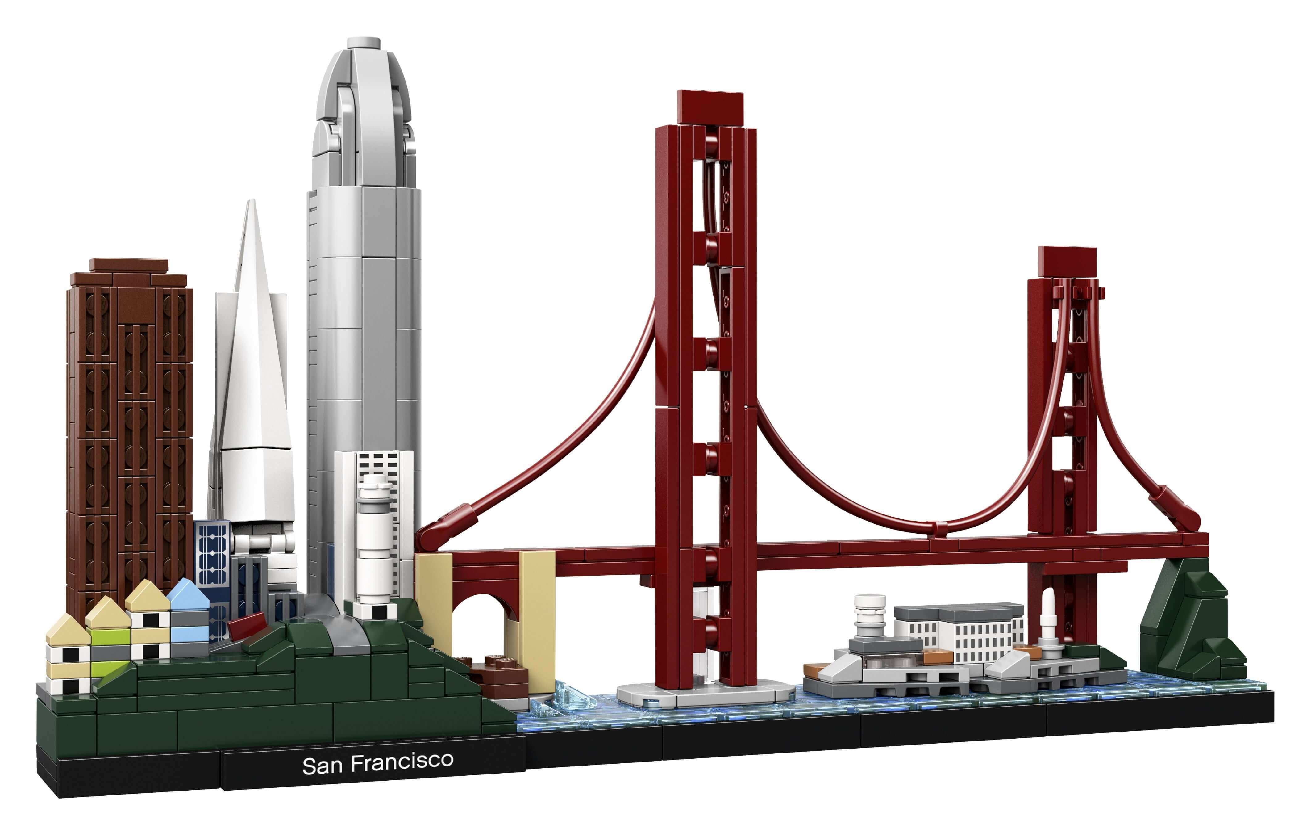 LEGO® Architecture San Francisco Set 21043 featuring iconic landmarks like the Golden Gate Bridge and modern skyscrapers.