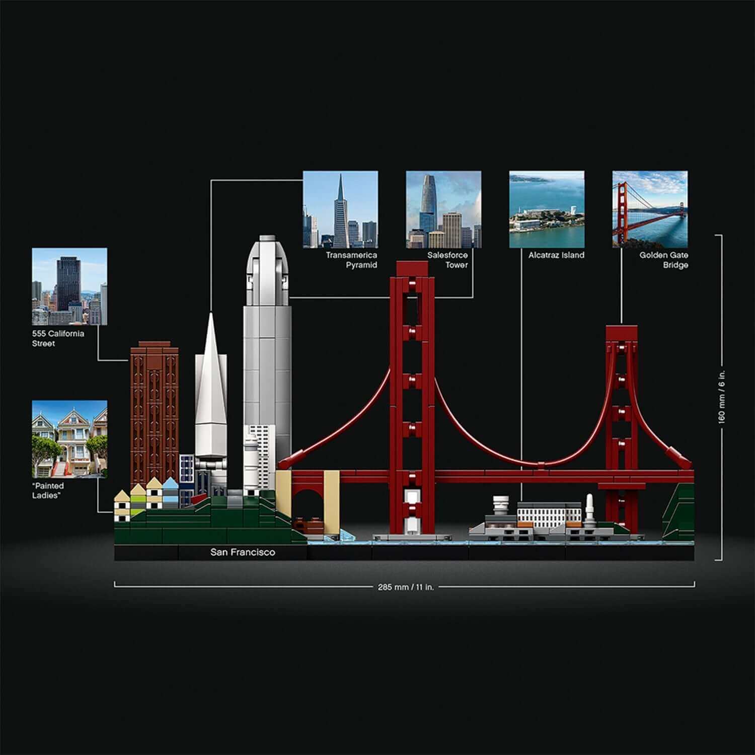 LEGO® Architecture San Francisco Set 21043 showcasing iconic skyline and landmarks including Golden Gate Bridge.