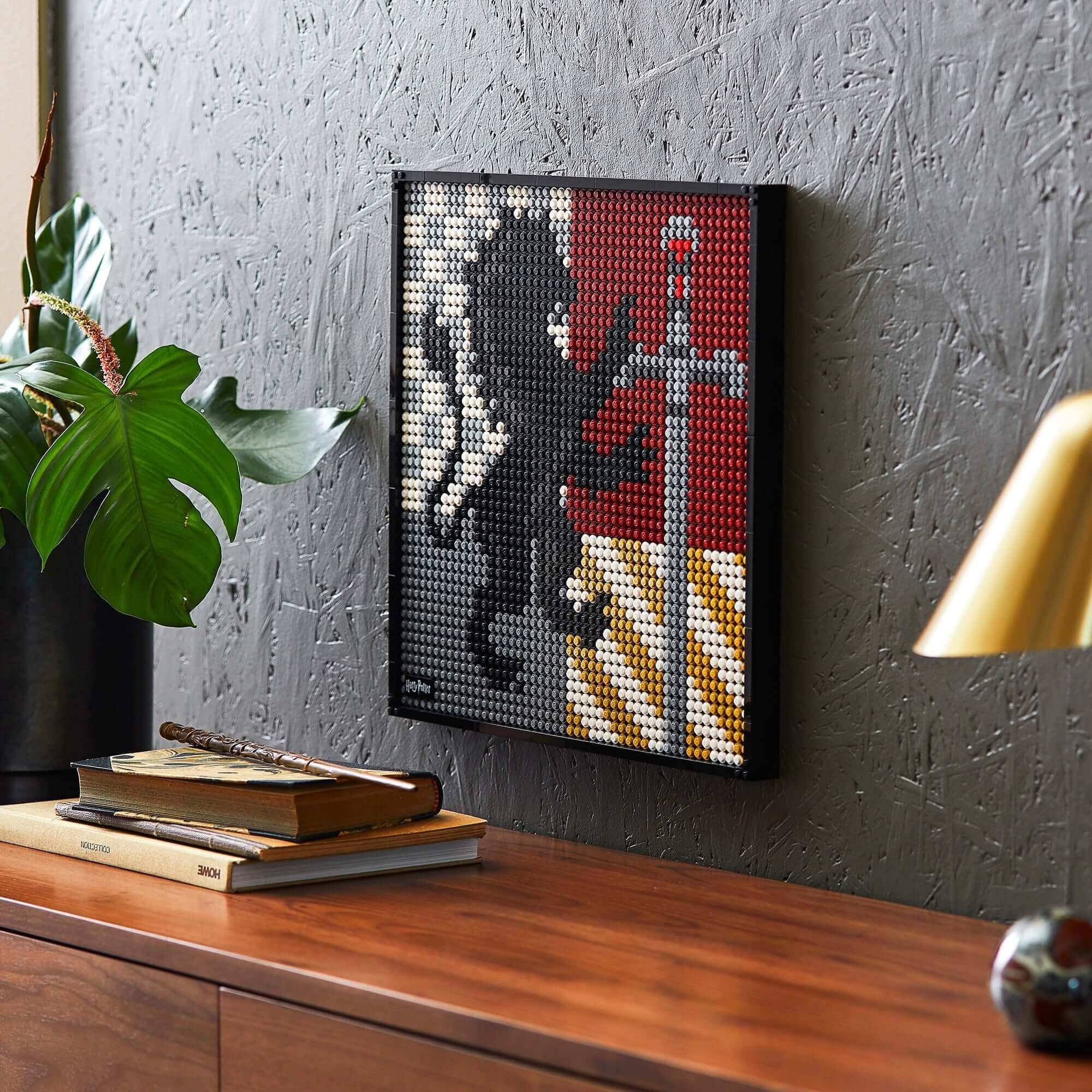 LEGO® Art Harry Potter Hogwarts Crests wall art set showcasing Gryffindor house pride with intricate brick design.