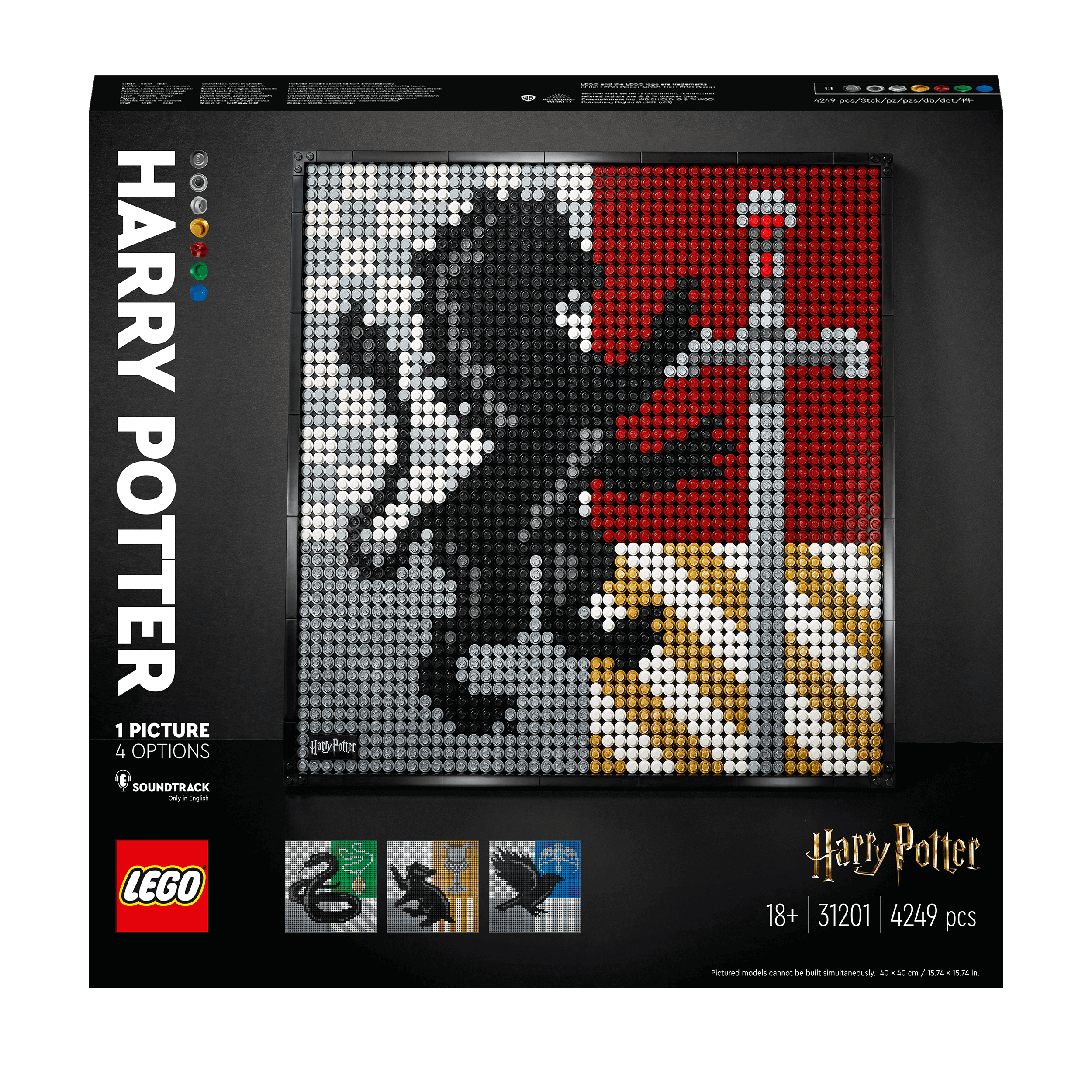 LEGO® Art Harry Potter Hogwarts Crests Set 31201 with lion crest design, featuring 4-in-1 options and immersive soundtrack.