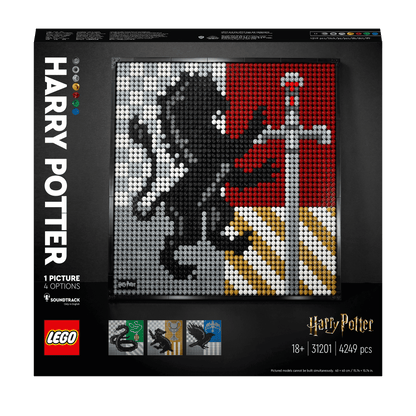 LEGO® Art Harry Potter Hogwarts Crests Set 31201 with lion crest design, featuring 4-in-1 options and immersive soundtrack.