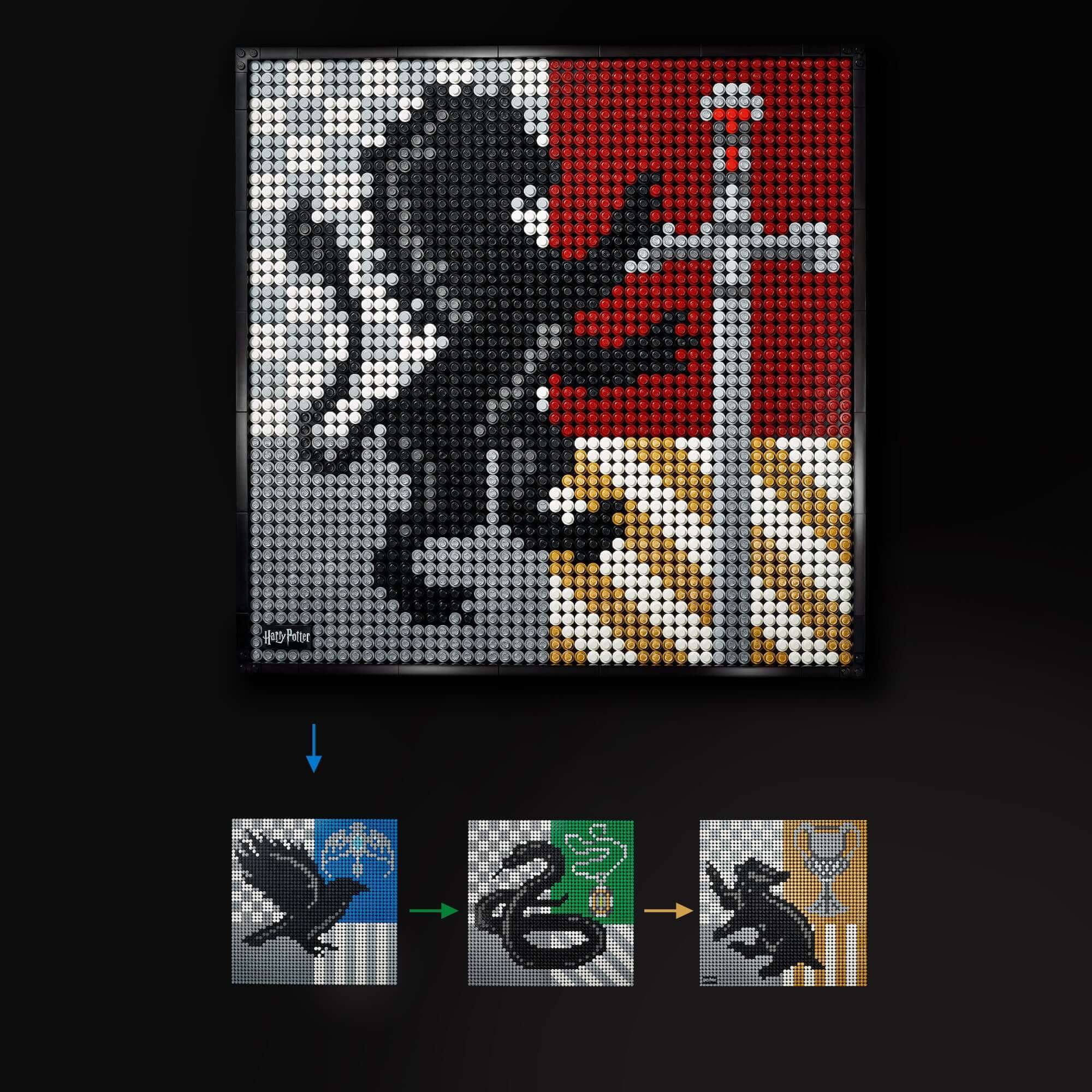 LEGO® Art Harry Potter Hogwarts Crests 4-in-1 wall art kit featuring a majestic lion and house colors.