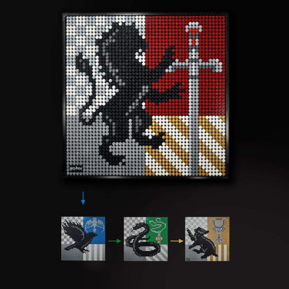 LEGO® Art Harry Potter Hogwarts Crests 4-in-1 wall art kit featuring a majestic lion and house colors.