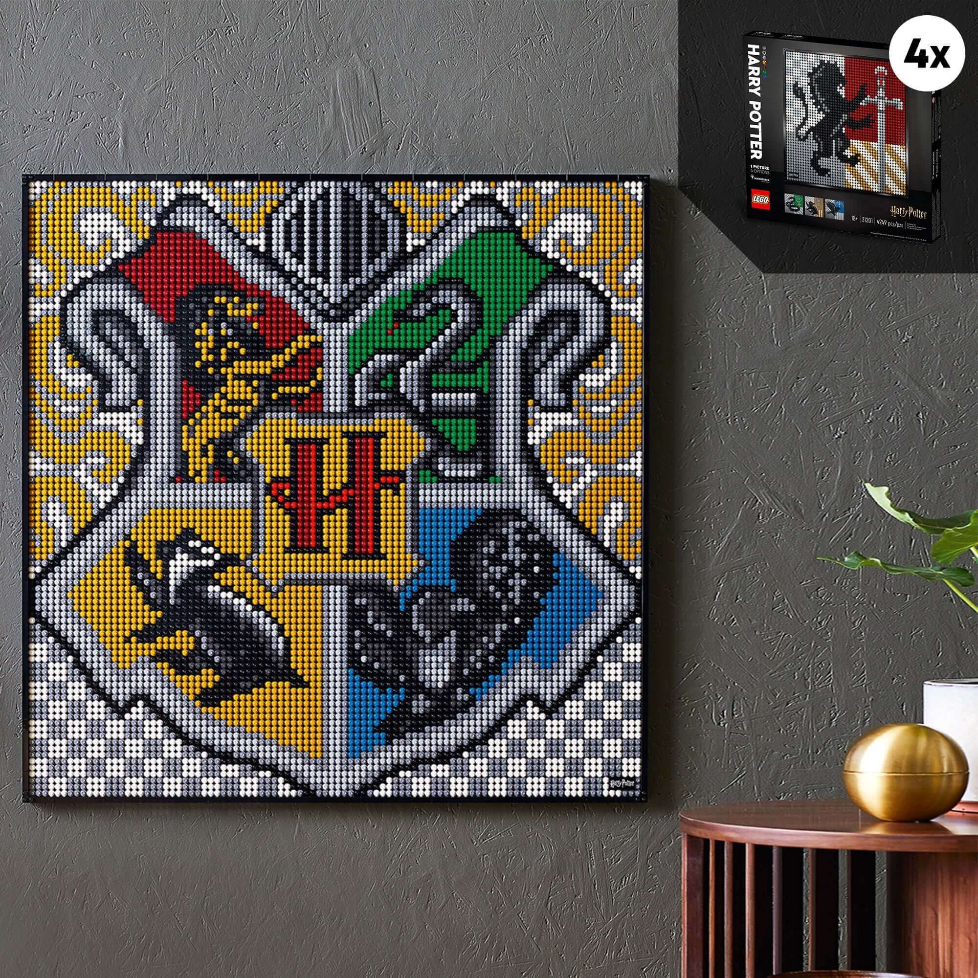 LEGO Art Harry Potter Hogwarts Crests Set 31201 featuring vibrant wall art of Hogwarts houses with soundtrack