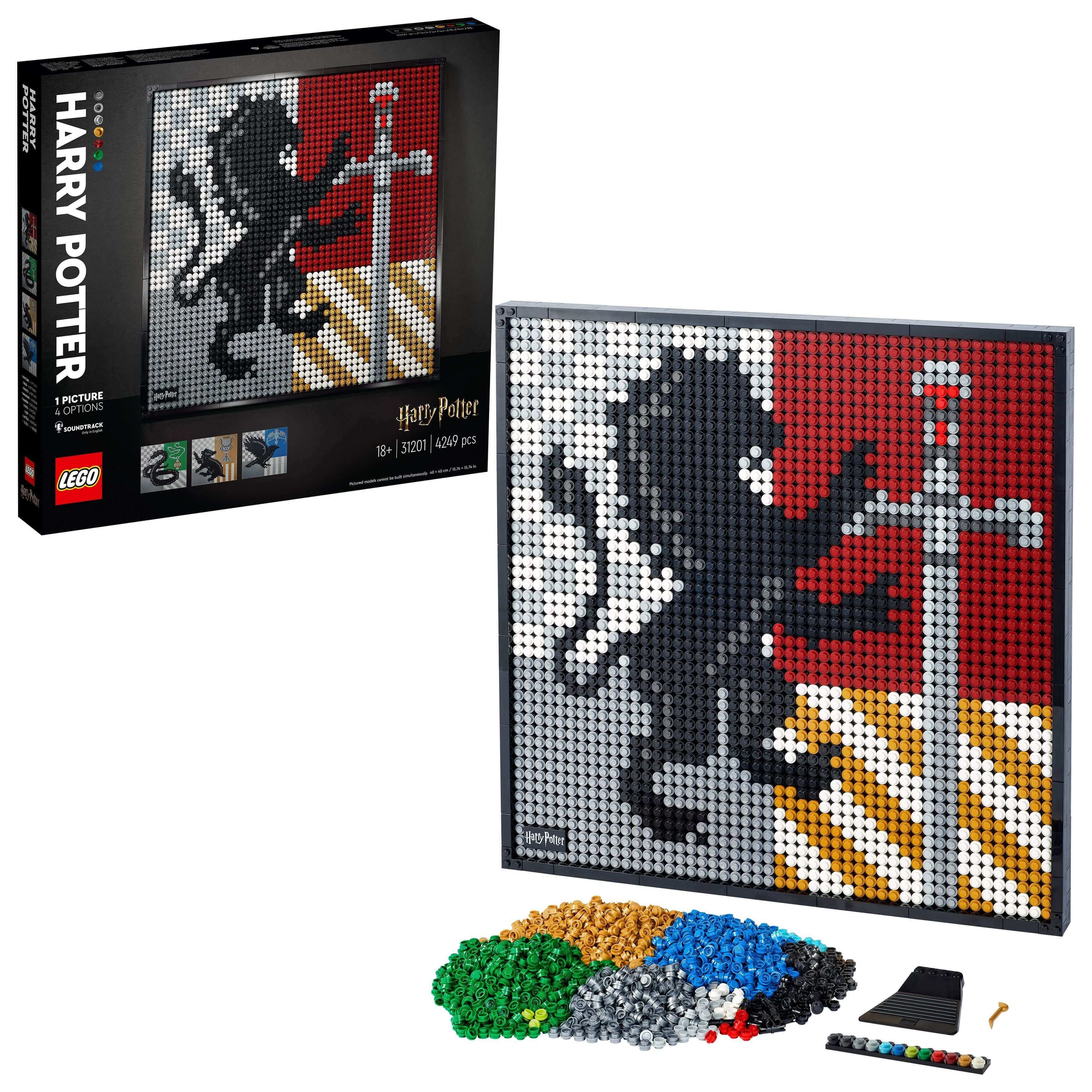 LEGO® Art Harry Potter Hogwarts Crests Set 31201 featuring Gryffindor crest and building pieces for wall art.