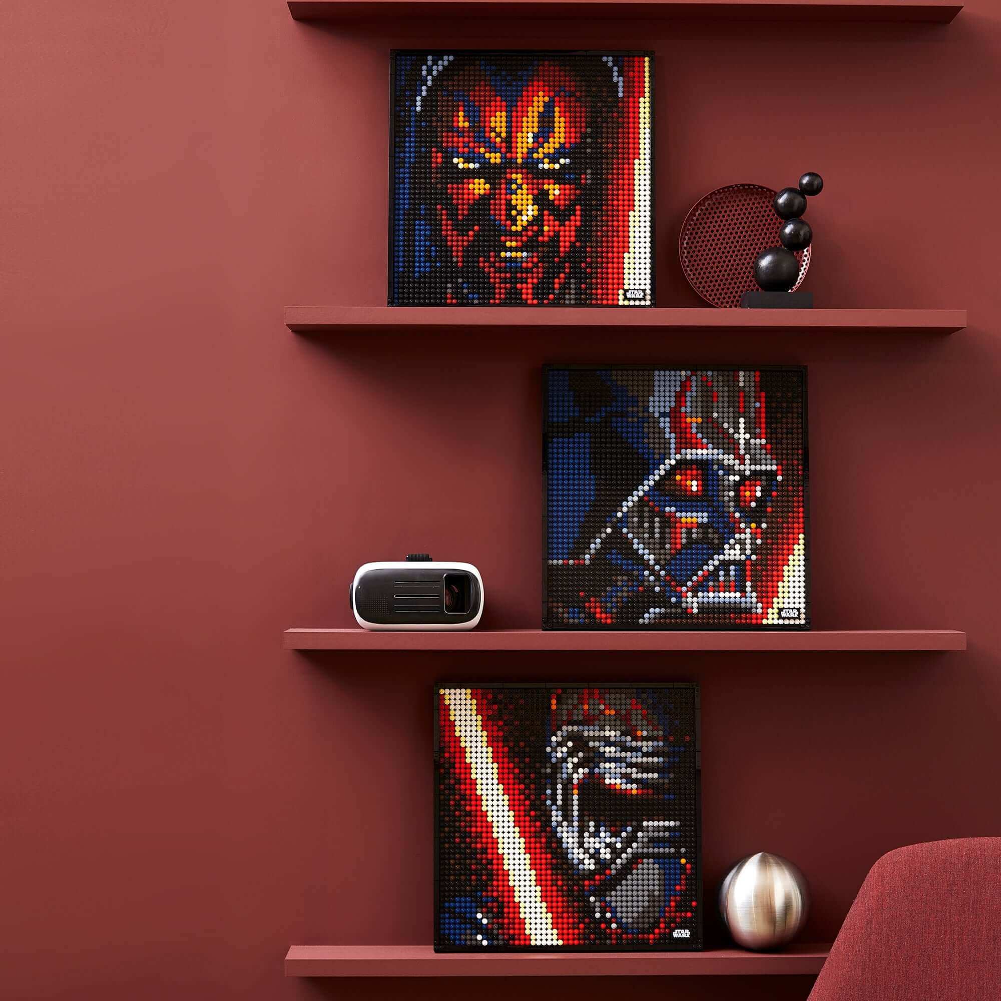 LEGO® Art Star Wars The Sith wall art on shelves featuring iconic Sith characters in vibrant colors.