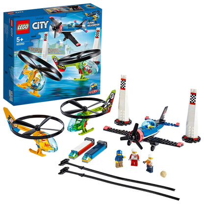 LEGO City Airport Air Race Toy set 60260 with helicopters, stunt plane, and minifigures for imaginative play.