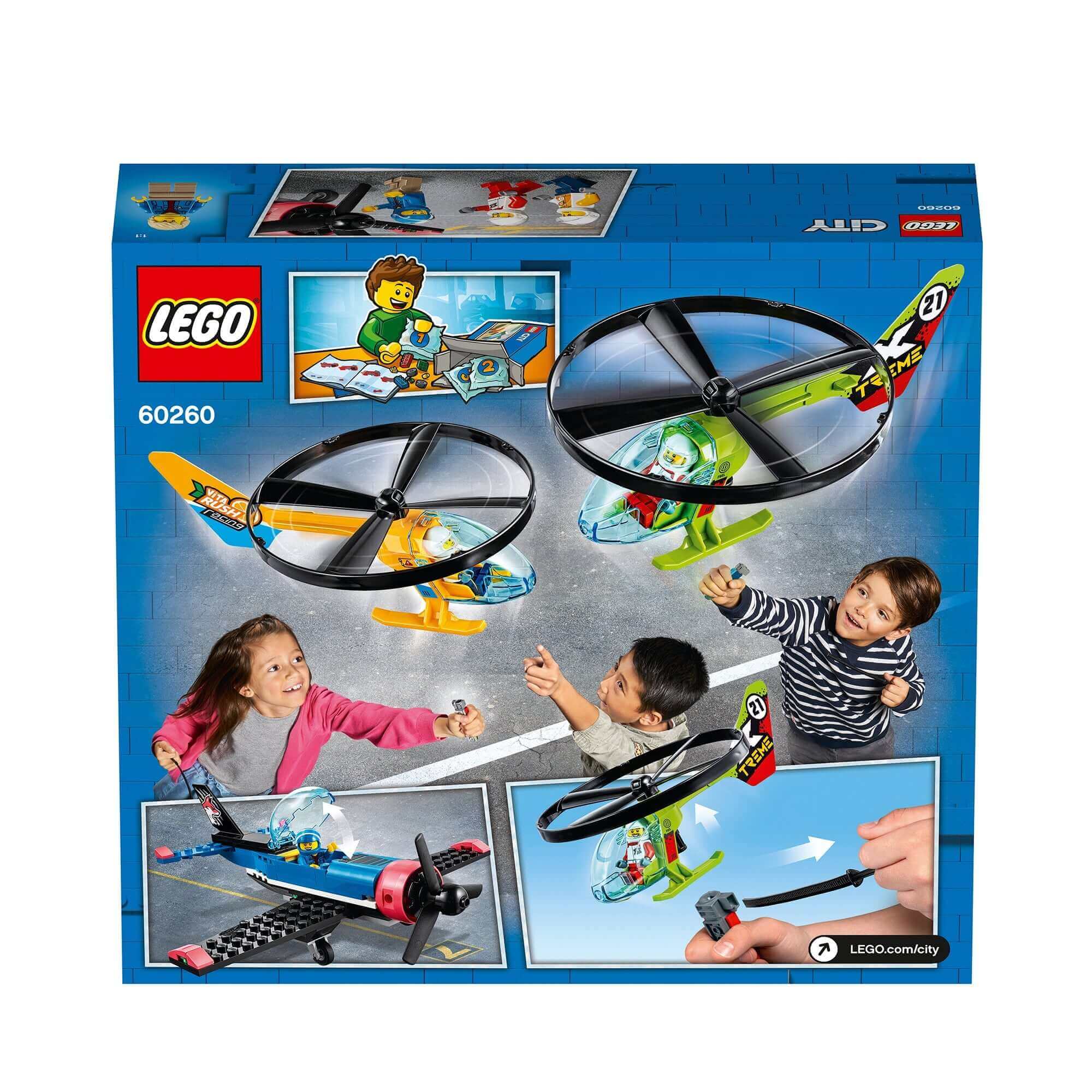 LEGO® City Airport Air Race Toy Plane Set 60260, featuring helicopters and kids playing with minifigures and toys.