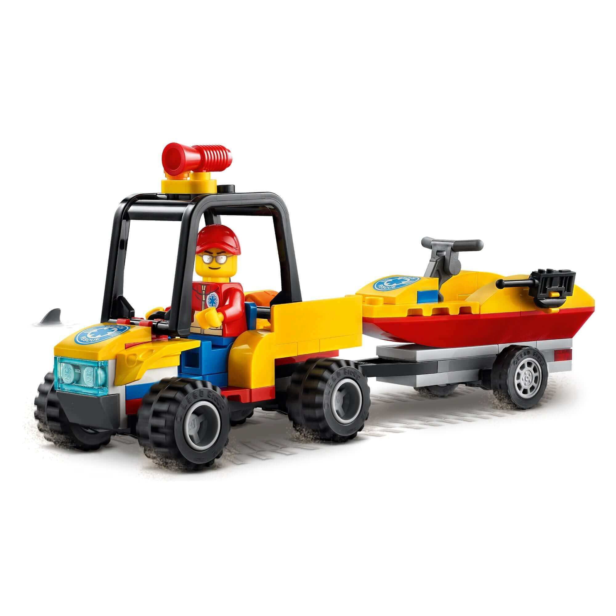 LEGO® City Beach Rescue ATV toy with lifeguard minifigure, trailer, and water scooter for creative play.