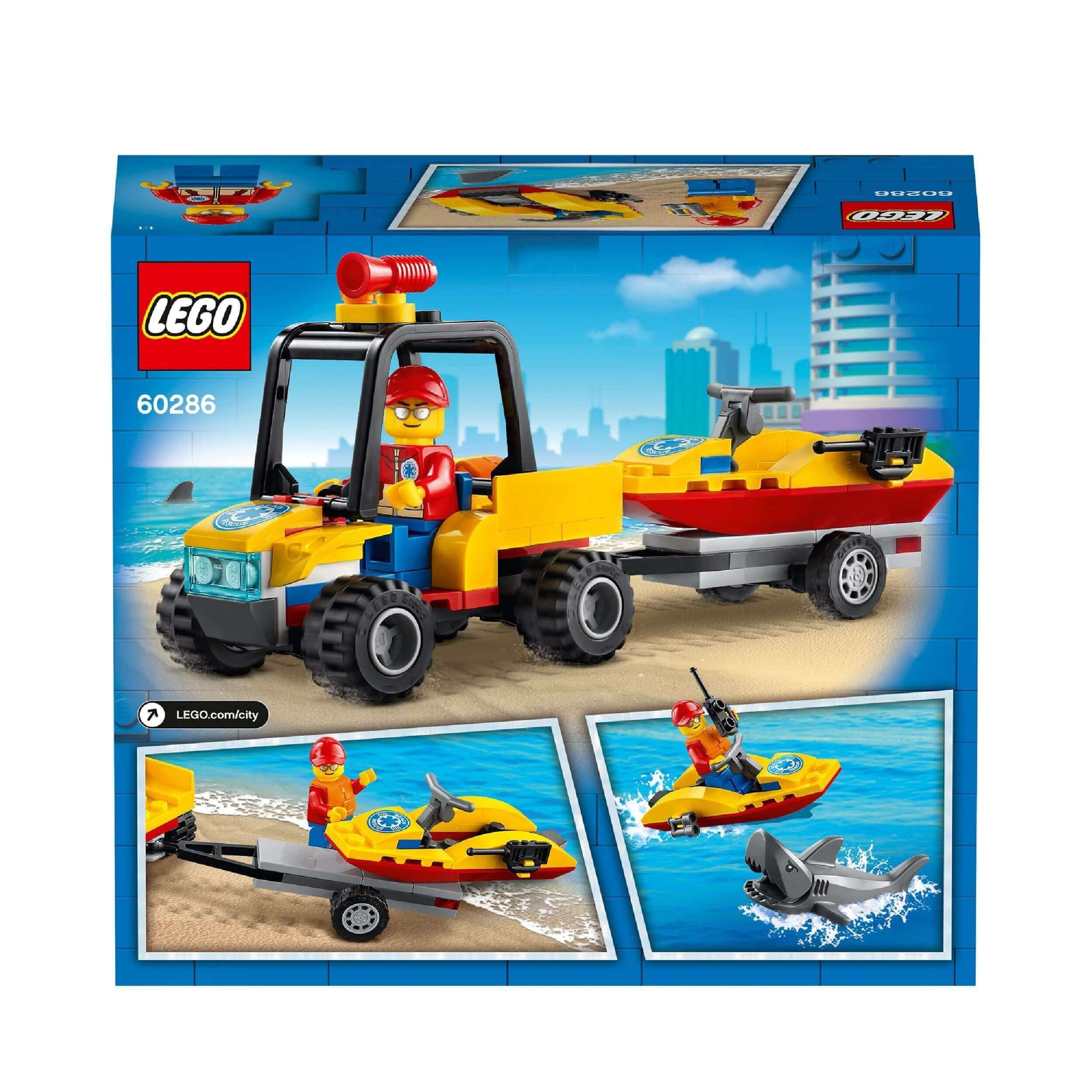 LEGO® City Beach Rescue ATV Toy 60286 packaging featuring lifeguard, ATV, trailer, and water scooter with shark in background.