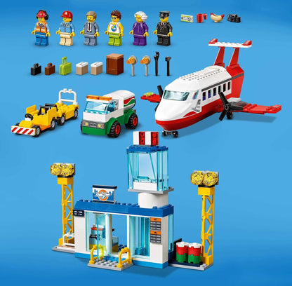 LEGO® City 4+ Central Airport Charter Toy 60261 with terminal, plane, truck, and minifigures on blue background.