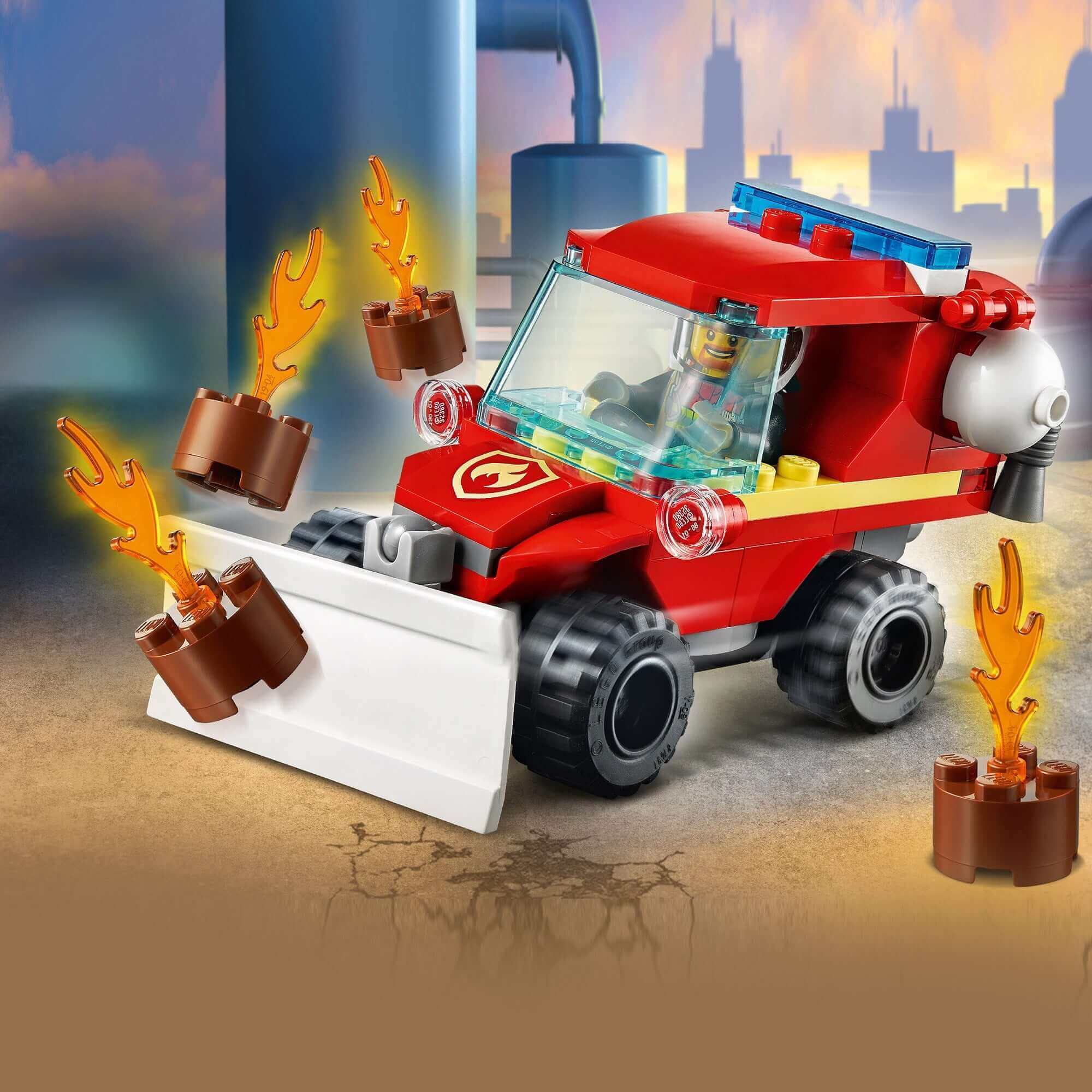 LEGO® City Fire Hazard Truck 60279 with flames, ideal for kids' pretend firefighting play and adventures.