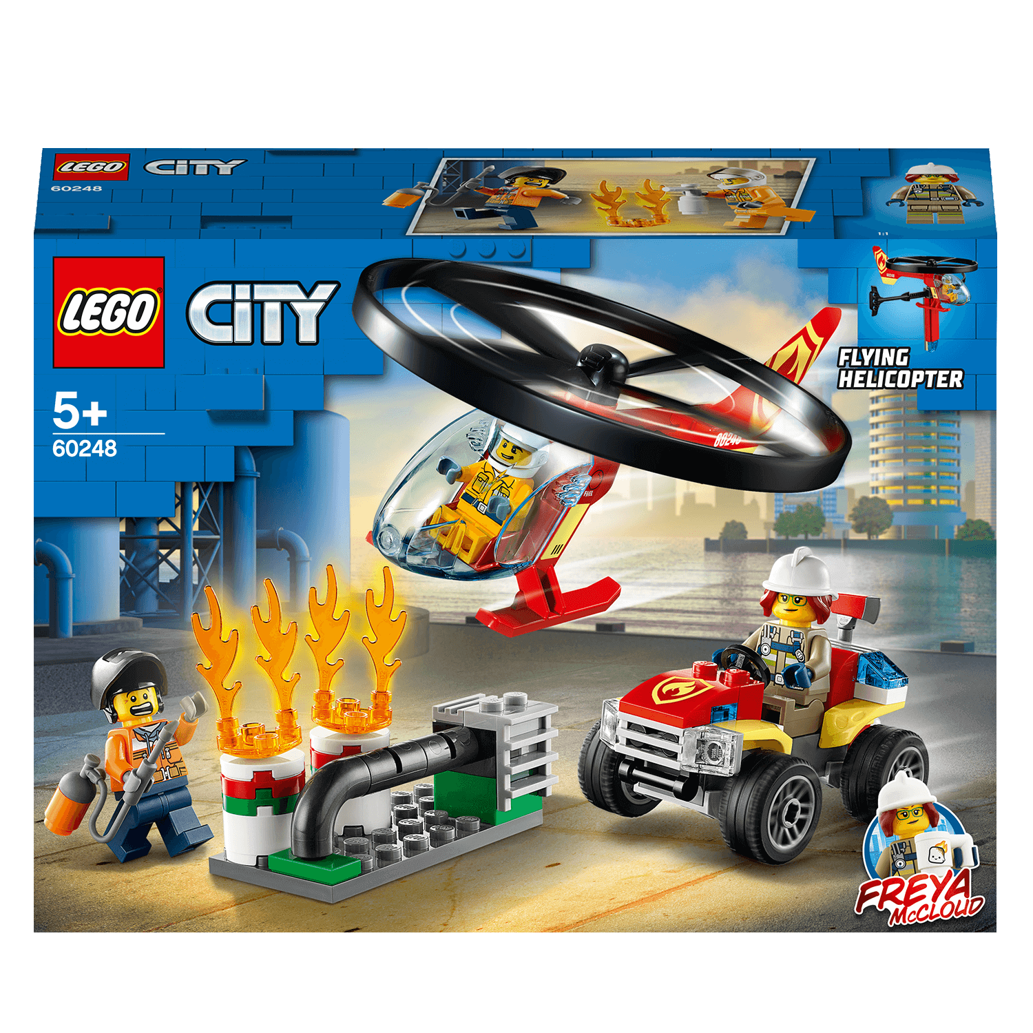 LEGO City Fire Helicopter Response Set 60248, featuring helicopter, ATV, and minifigure Freya McCloud.