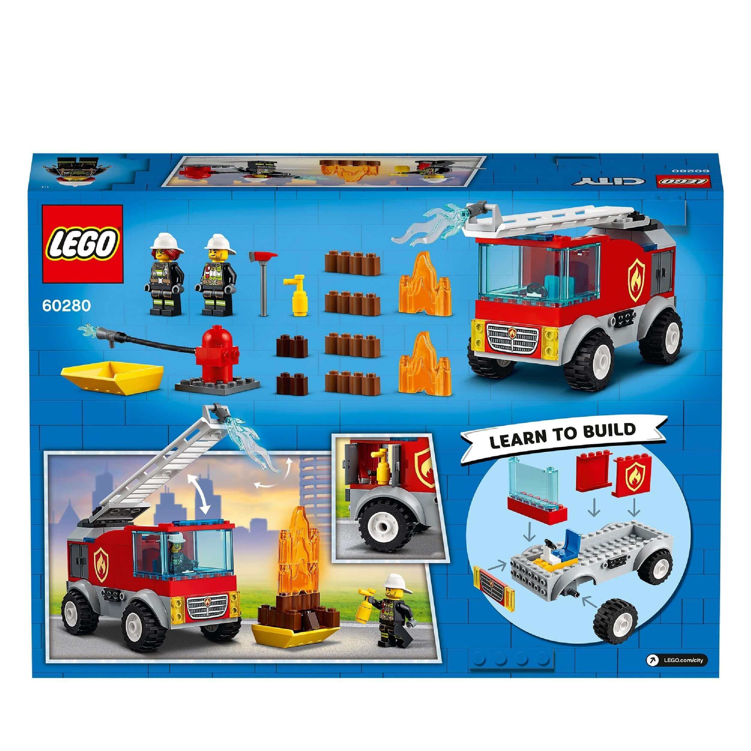 LEGO City Fire Ladder Truck Toy 60280 set featuring fire truck, LEGO figures, and play accessories for kids.