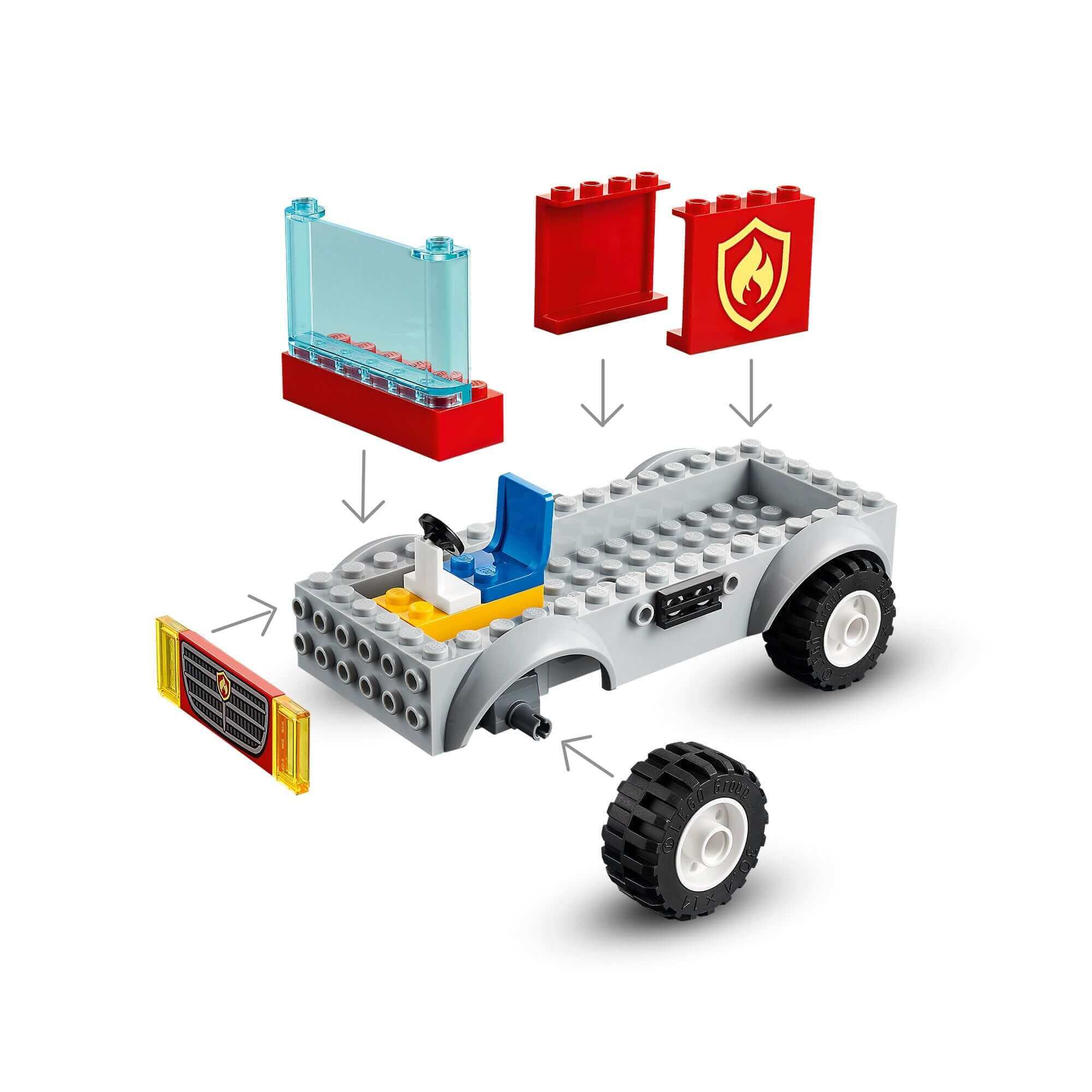 Step-by-step assembly of LEGO® City Fire Ladder Truck Toy 60280, featuring detailed parts and instruction layout.