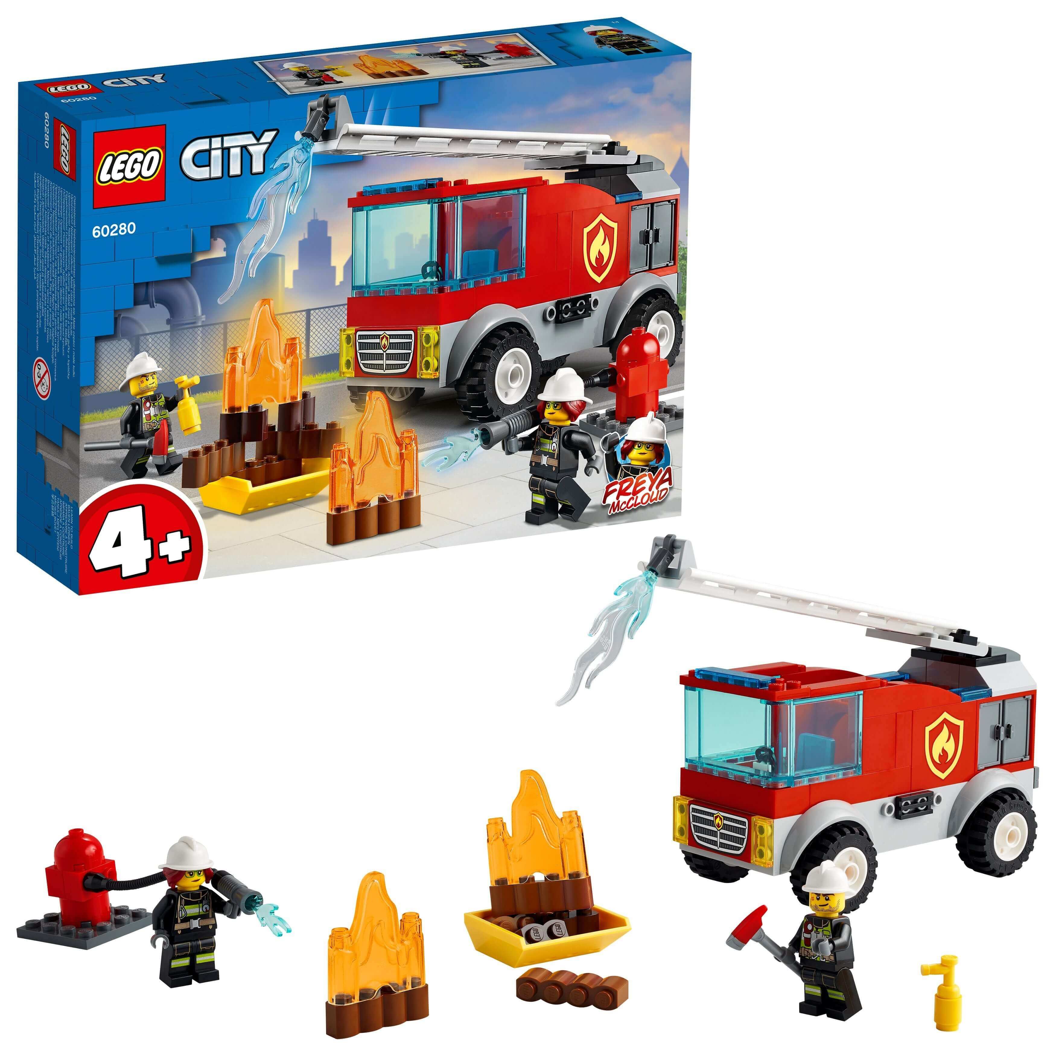 LEGO® City Fire Ladder Truck 60280 playset with Freya McCloud, firefighters, and accessories for kids ages 4 and up.