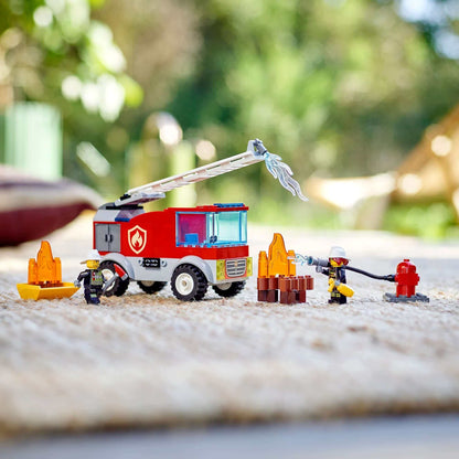 LEGO® City Fire Ladder Truck 60280 playset with Freya McCloud and fire-fighting accessories for kids.