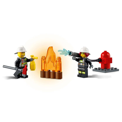 LEGO City Fire Ladder Truck set with two firefighters, one extinguishing a flame, featuring Freya McCloud character.