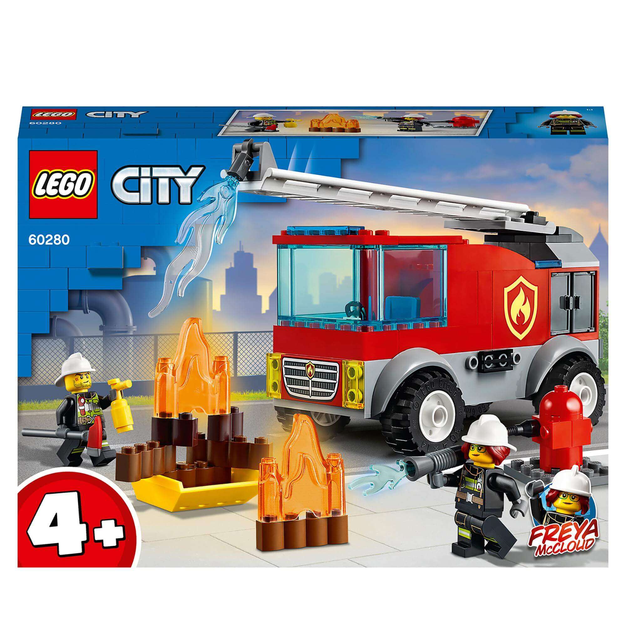 LEGO City Fire Ladder Truck Toy 60280 featuring Freya McCloud, fire accessories, and flames, perfect for kids 4 and up.