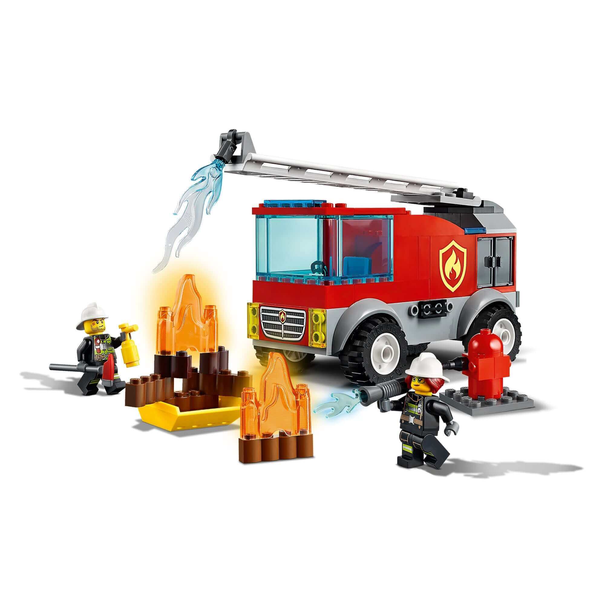 LEGO City Fire Ladder Truck 60280 with firemen and flames, ideal for kids' imaginative play and adventure.