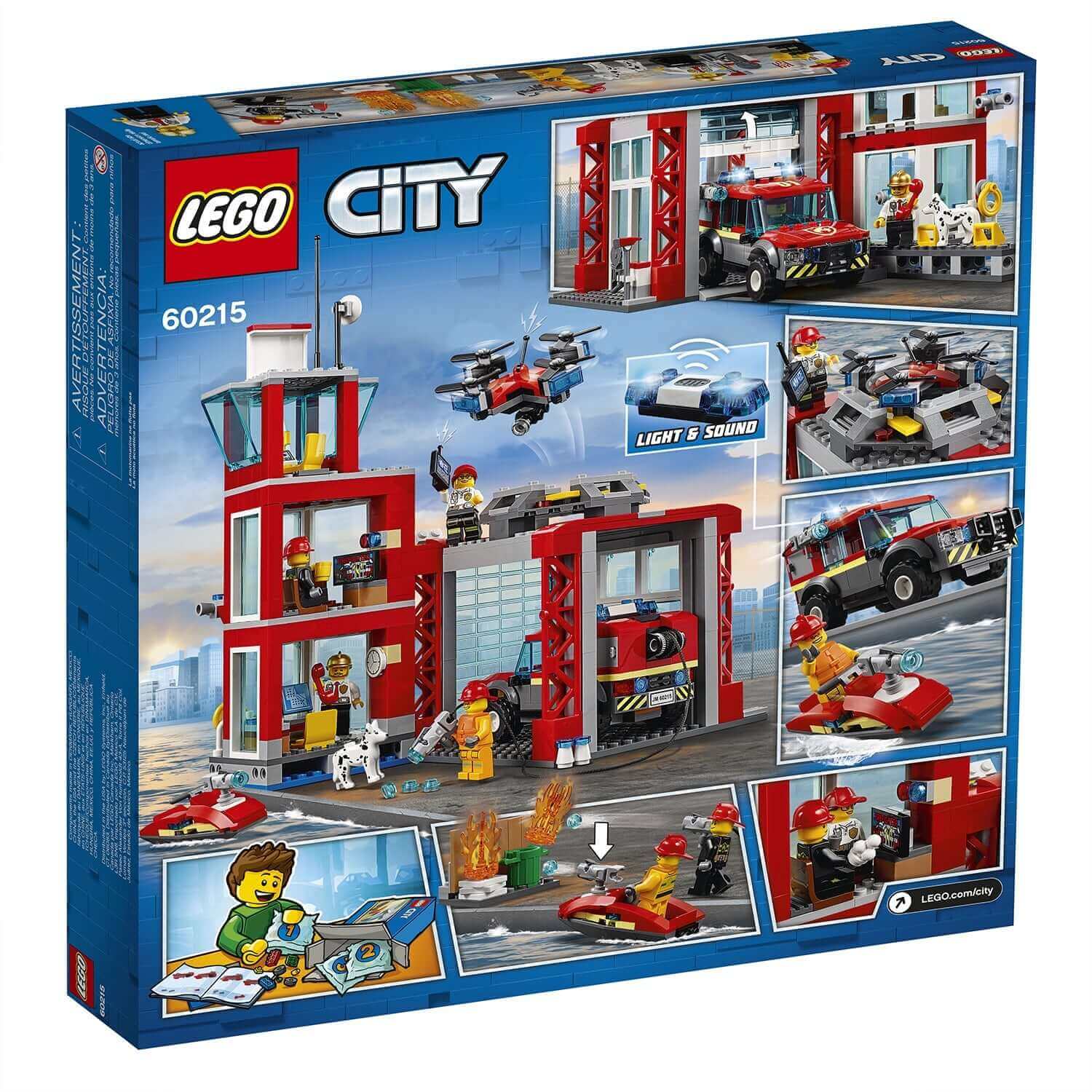 LEGO City Fire Station Truck Toy 60215 packaging showcasing fire station, vehicles, and mini figures with light and sound features.