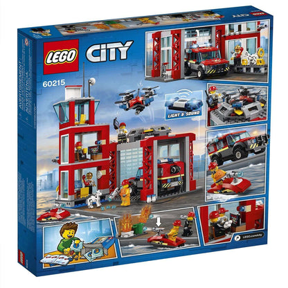 LEGO City Fire Station Truck Toy 60215 packaging showcasing fire station, vehicles, and mini figures with light and sound features.