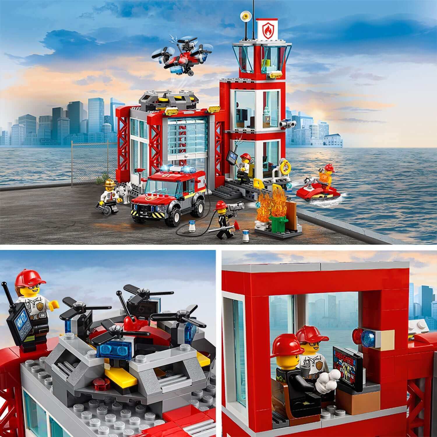 LEGO® City Fire Station Truck Toy 60215 with fire truck, drone, firefighters, and city backdrop, ideal for imaginative play.