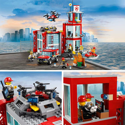 LEGO® City Fire Station Truck Toy 60215 with fire truck, drone, firefighters, and city backdrop, ideal for imaginative play.