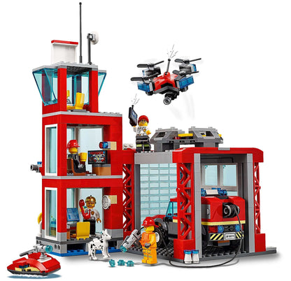 LEGO City Fire Station Truck Toy 60215 with firefighters, drone, and detailed playset features.