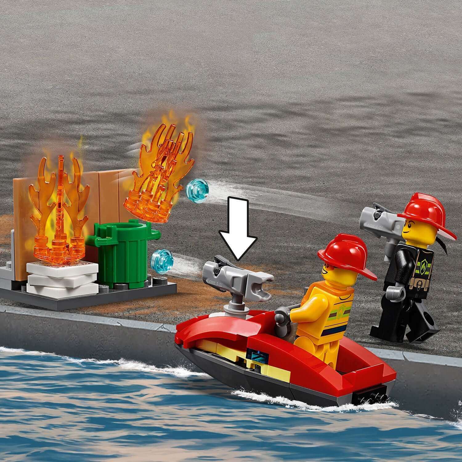 LEGO® City Fire Station set featuring firefighters battling a fire with water jet ski in a vibrant scene.