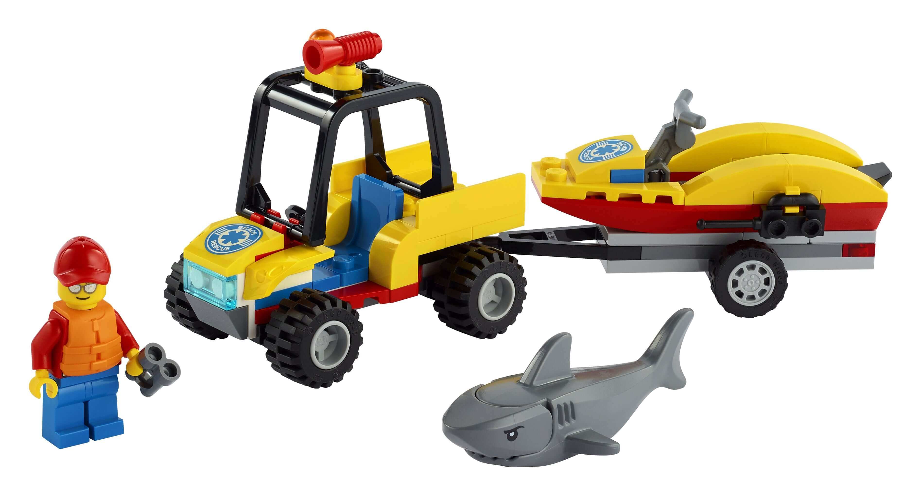 LEGO® City Beach Rescue ATV playset with water scooter, trailer, lifeguard minifigure and shark toy.