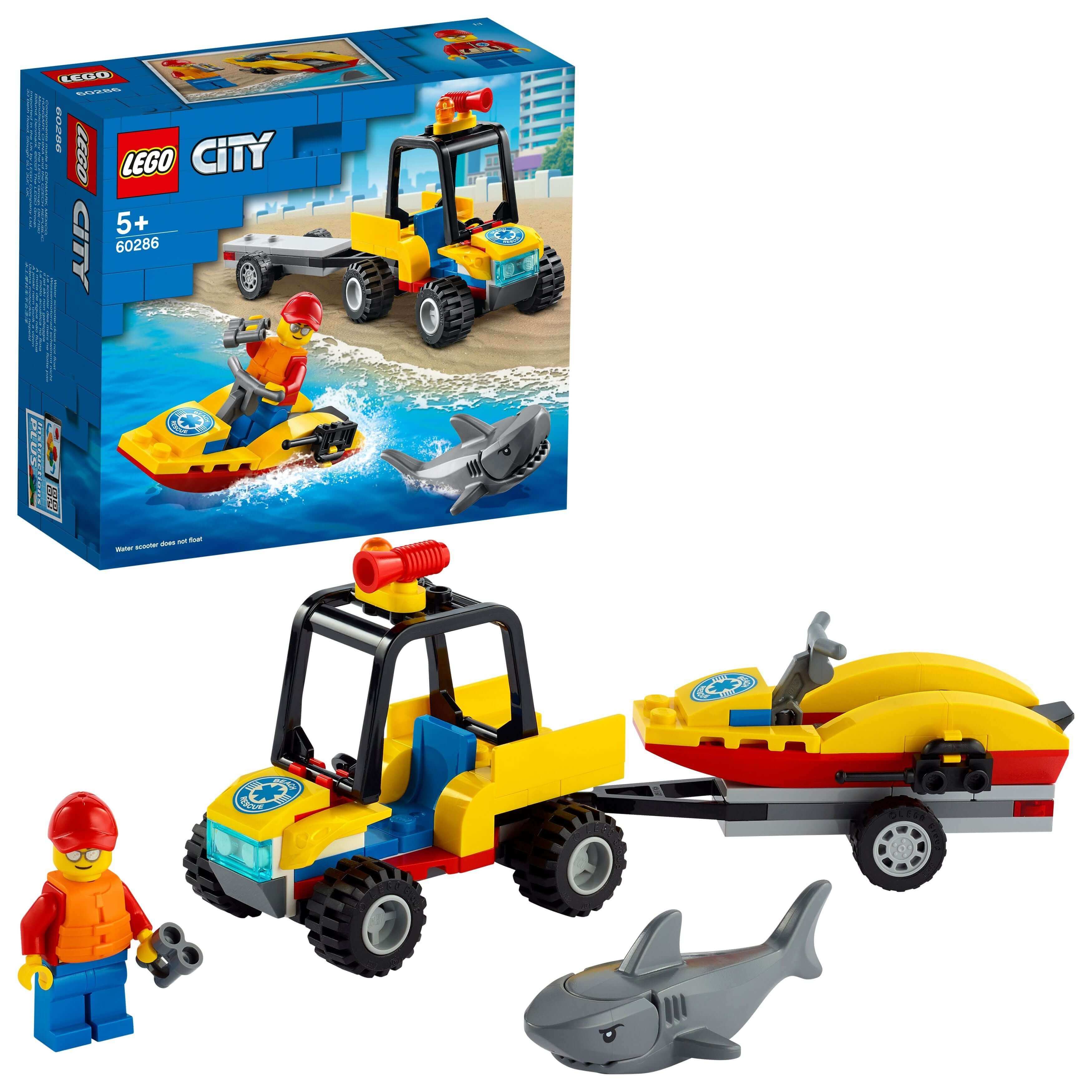 LEGO® City Beach Rescue ATV playset 60286 with ATV, water scooter, lifeguard minifigure, and shark for creative play.
