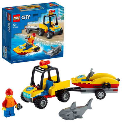LEGO® City Beach Rescue ATV playset 60286 with ATV, water scooter, lifeguard minifigure, and shark for creative play.